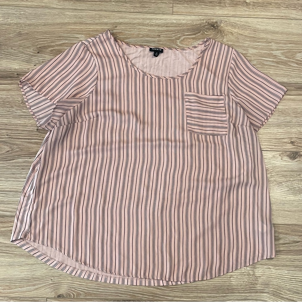 Torrid - Light Pink Blouse with Black Stripes and Pocket Detail
